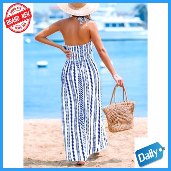 Maxi Dress Halter Backless Side Slit Rayon Spaghetti Strap Casual Beach - Picture 2 of 6